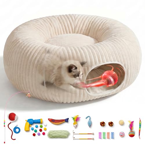 Catails Cat Tunnel Bed with 31 Pcs Interactive Cat Toys, Automatic Cat Toys for Indoor Cats Kittens, Cat Tube with Moving Ball, White