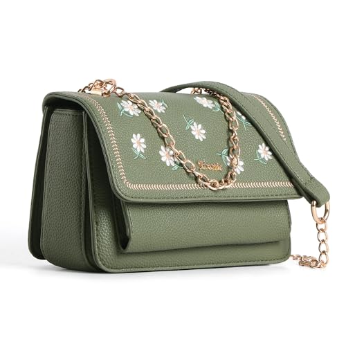 Image of EXOTIC Fiora Daisy Sling Bag for Women | Embroidered Floral Leatherette Crossbody Handbag with Chain Detail & Flap Closure | Elegant Casual & Party Purse