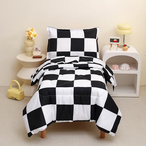 Caressma Checkered Toddler Bedding Set Black White Plaid Comforter Set
