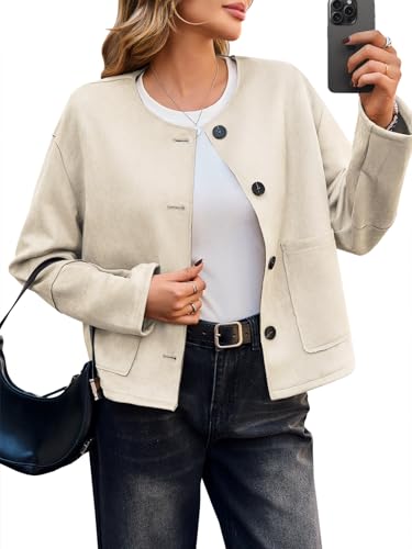 Image of Cicy Bell Womens Faux Suede Leather Jackets Trendy Casual Cropped Outerwear Button Down Collarless Short Bomber Shackets