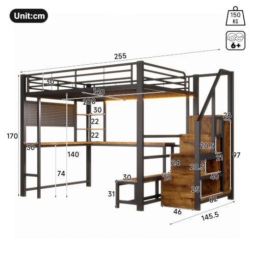 Cama alta de 140 x 200 cm con escritorio integrado y panel perforado negro 3