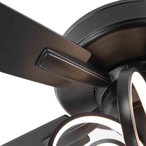 Image of 52 Inch Black Ceiling Fans with Lights and Remote - Creative Modern Ceiling Fan for Bedroom Living Room with 3CCT, 6 Speeds, Timer, Dual-Sided Reversible 5 Blades Indoor Outdoor Chandelier Fan