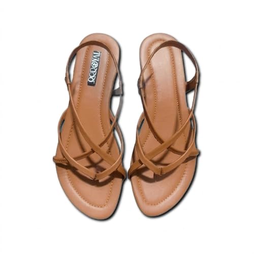 Image of Women's Strappy Flat Sandals, Black and Peach, Casual Summer Footwear