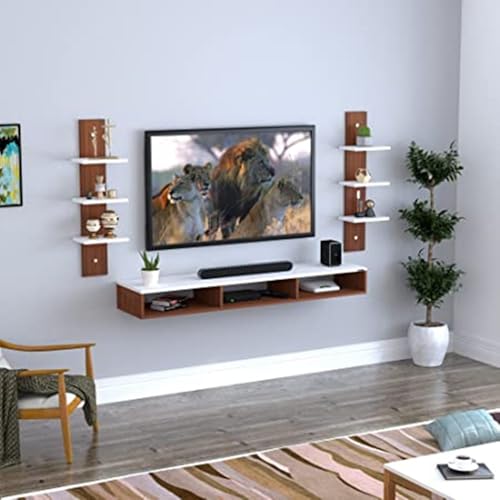 Image of Wooden TV Stand with Side Storage Cabinets | Floor Standing Entertainment Console (Natural Finish)