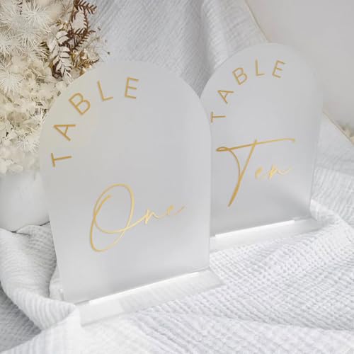 JINMURY Frosted Arch Wedding Table Numbers 1-10 with Stands, 5x7 Inch Acrylic Arch Sign with Golden Lettering, Frosted Acrylic Table Numbers for Wedding Reception - Thumbnail 5