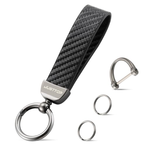 JUSTTOP Leather Keychain, Carbon Fiber Car Key Chain with Anti-Lost D-Ring and 2 Key Ring, Keychain Wristlet, Car Accessories, Universal Keychain for Men and Women (Black)