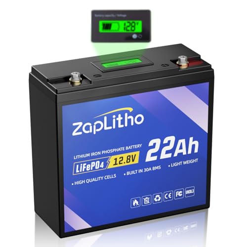 ZapLitho Upgraded 12V 22Ah Lithium Battery LiFePO4, LCD Voltage Diaplay & 30A BMS, Deep Cycle Grade A Cells, Lightweight Lithium Iron Phosphate Battery for Fishfinder, Ham Radio, Camp, Solar, Off Grid