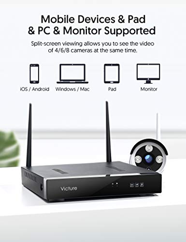 Victure 1080P Wireless Security Camera System, 8 Channel NVR 4PCS Outdoor WiFi Surveillance Camera with IP66 Waterproof, Night Vision, Motion Alert, Remote Access, No Hard Disk