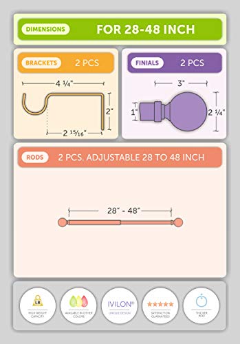 Ivilon Drapery Treatment Window Curtain Rod - Acrylic Ball 1 Inch Pole. 28 To 48 Inch. Warm Gold #TOP4