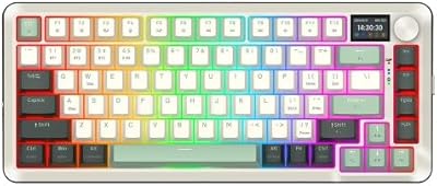 Redragon K708 Pro Wireless Mechanical Gaming Keyboard - Gasket-Mounted RGB Backlit, 81 Customizable Keys, 3-Mode (2.4G/Bluetooth/USB), Hot-Swap Pre-Lubed Switches, Screen & Control Knob - White Green