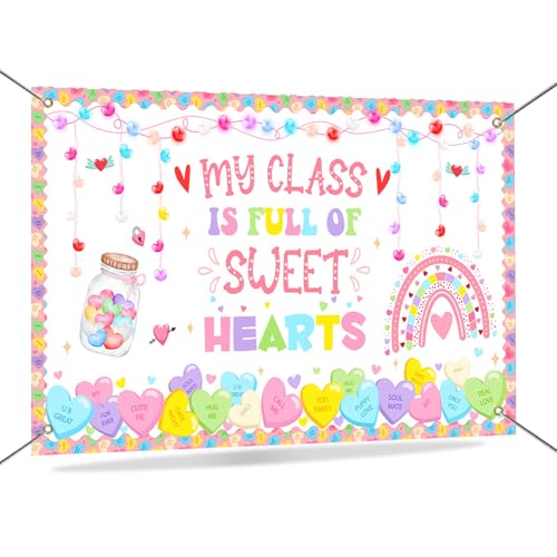 Mocsicka My Class is Full of Sweethearts Backdrop Banner Valentine's Day Decorations for Classroom Party Happy Valentines Day Teacher Student School Banner Decorations 70.8 x 43.3 Inch (Colorful)