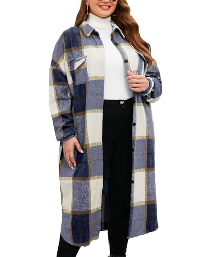 CYCLAMEN 2024 Women's Plus Size 1X-5X Long Flannel Plaid Shacket Jacket Calf-Length Button Down Coat Shirt Pocket Fall Winter, Dark Blue, 4XL Plus