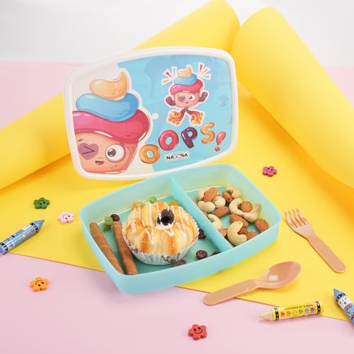 Image of Nayasa Witty Deluxe Mini 2 Compartment Lunchbox | BPA Free and Food Grade Plastic Tiffin | Cupcake Print | 450 ML | Blue
