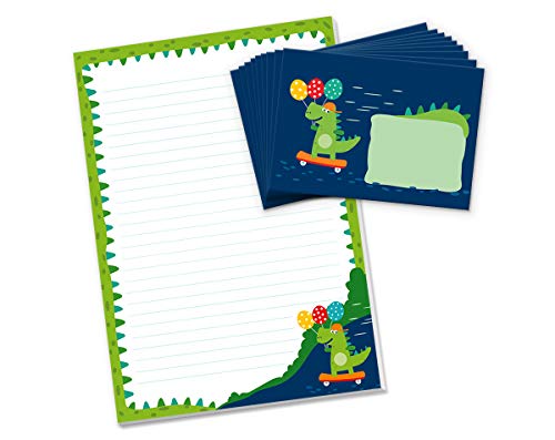 Briefblock mit Umschlag Dinosaurier für Kinder Briefpapier-Set Tiere (Block A4 mit 25 Blätter + 15 Umschläge)