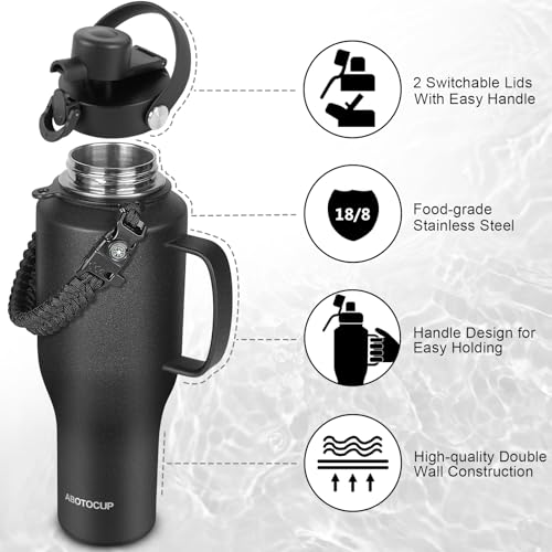 Image of ABOTOCUP Water Bottle 40oz, Insulated Water Bottle with Handle & Straw Lids, Stainless Steel Water Bottles Fits in Any Car Cup Holder, Travel Cup Double Wall BPA-Free Leak-proof to Keep Cold &Hot