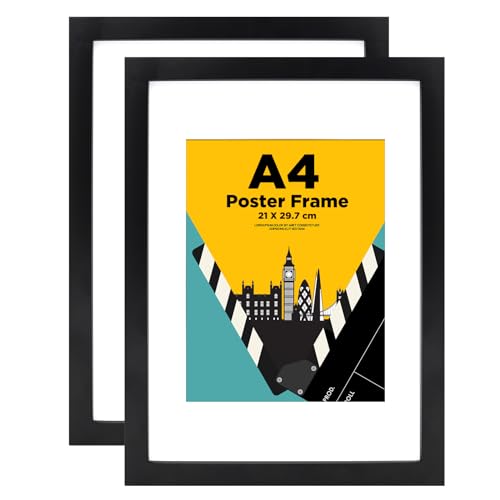 EGOFINE A4 Frames Black Set of 2 - Wooden A4 Picture Frames, A4 Photo Frames with A5 Mat, A4 Poster Frame with Plexiglass for Table Top and Wall Mounting