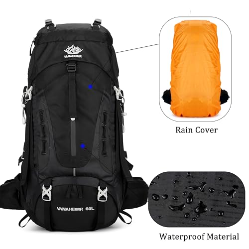 60L Travel Hiking Camping Backpack with Rain Cover,Water Resistant,Climbing Backpack for Men Women (BLACK) - Image 4