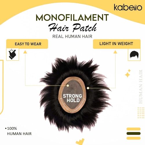Image of Kabello MONOFILAMENT Human Hair Patch Toupee for Men Natural Human Hair, Fine Hair Wig Replacement System Easy Fit with Tape, Glue or Clips Mono Base (Natural Black) (8X5)
