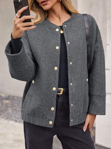 Tankaneo Womens Oversized Wool Blend Bomber Jacket Cropped Button Up Pea Coats Fall Winter Varsity Jackets3