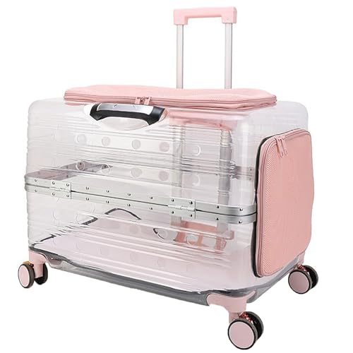 犬 キャリーケース ペットキャリーカート キャスター付き 犬 クレート ケース キャスター付き 4 輪 ペットカート 耐荷重 20KG 軽量ハードタイプ 犬 猫 小型犬 中型犬用 お出かけ 旅行 避難 通院に最適 (透明ピンク)