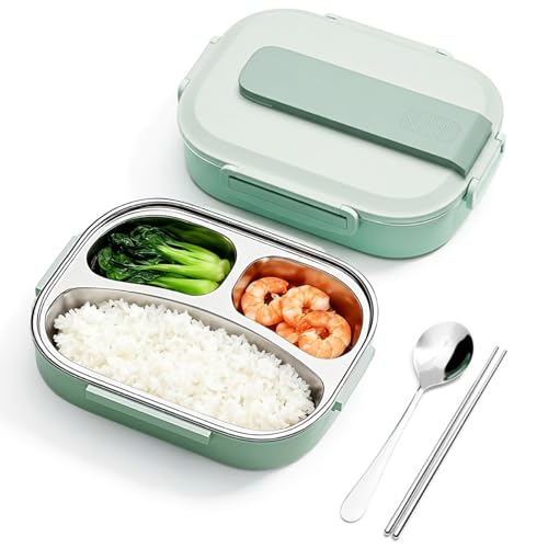 Boîte à lunch thermique, boîte à lunch 3 compartiments de 1000 ml en acier inoxydable avec couvercle et couverts étanches, récipient alimentaire portable de capacité pour boîtes d'étudiants