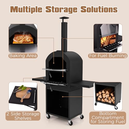 TANGZON Outdoor Pizza Oven, Wood-fired Pizza Maker with Waterproof Cover, Built-in Thermometer, Patio Cooking Grill for Camping Backyard BBQ (with Side Storage Shelves, 116 x 44 x 170 cm) - Image 6