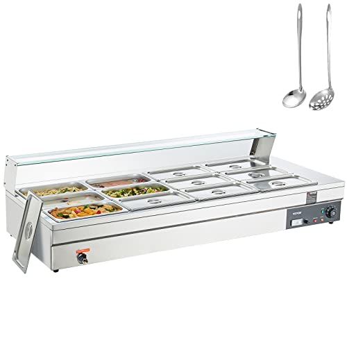 Image of VEVOR 12-Pan Commercial Food Warmer, 12 x 8QT Electric Steam Table with Tempered Glass Cover, 1800W Countertop Stainless Steel Buffet Bain Marie 86-185F Temp Control for Catering, Restaurant, Silver