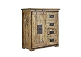 MASSIVMOEBEL24.DE | Railway - Massive Kommode | Natur - lackiert | klein schmal | Mango | 90x45x100 | mit Eisen-Elementen | 1 Tür - 4 Schubladen | Sideboard