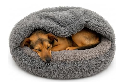 Odolplusz Rundes Kuschel-Hundebett und Katzenbett Grau Shaggy Bouclé Schlafsack-Design Warmes Höhlenbett Rutschfester Boden Maschinenwaschbar für Mittelgroße Hunde und Große Katzen (80 cm)