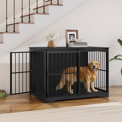 Hzuaneri Hundekäfig Möbel, 110cm Hundebox, 2 Türen, Moderne Hundekäfig Indoor für kleine/mittlere/große Hunde, Beistelltisch, Verstärkte Schiebetür, 110 × 65 × 81 cm, Schwarz DFC84404B