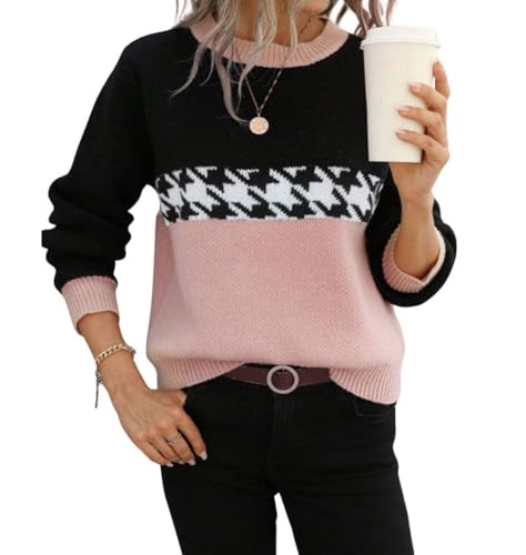 Image of chouyatou Women's Vintage Color Block Long Sleeve Pullover Sweater Houndstooth Printed Crewneck Jumper Tops