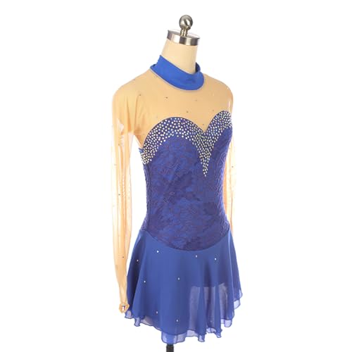 Vestido de patinação artística, renda azul royal e mangas na ponta dos dedos de strass Traje de comp