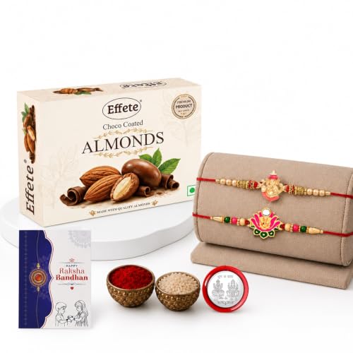 Image of DeoDap Rakhi with Chocolate for Brother - Golden Color Stylish Ganesha Ji Design Rakhi 2 Pcs with Almond Chocolate 32 Gm, Greeting Card, Silver Color Coin & Tilak Set - Traditiional Raksha Bandhan Combo