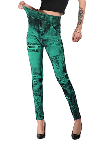 ORANDESIGNE Leggings Imitation Jean Femme Leggings Taille Haute Ceinture Elastiquée Slim Jeggings Femme Slim Extensible Pantalon de Crayon sans Couture A Vert...