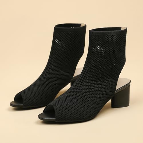 Women's Knit Peep Toe Slingback Chunky Heeled Sandals Fashion Open Pointed Toe Cut Out Slip On Backless Ankle Boots Summer Comfortable Breathable Casual Sock Booties4