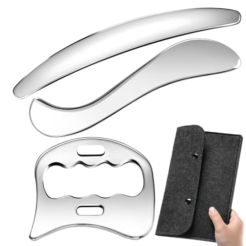 Gua Sha Edelstahl, 3 in 1 Gua Sha Schaber, Faszienschaber, Faszien Tool zum Reiben, Muskel Faszien Schaber mit Filz-Aufbewahrungstasche für Beine, Rücken, Gesicht, Nacken