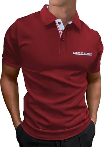 LIUPMWE Hombre Polo de Manga Corta Camisetas Basic de Trabajo Deportivas T-Shirt Clásicas a Cuadros con Bolsillos,A-Rojo,M