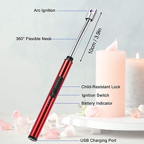 Candle Lighter Rechargeable Candle Lighter Electric Lighters Flameless Electric Candle Lighter Safety Lock Arc Lighters Windproof Flexible Long Lighter for Home Kitchen Outdoor BBQ Camping