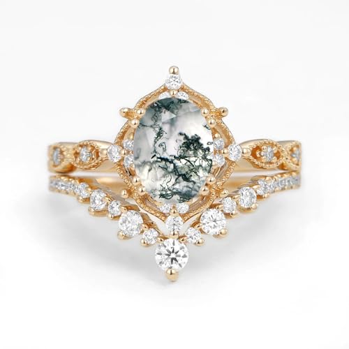 1.5 CT Oval Cut Gemstone Ring Set Moss Agate Opal Alexandrite Black Rutilated Quartz with Moissanite Engagement Rings for Women S925 10K 14K 18K Gold Wedding Bridal Set Promise for Her Free Engraving3