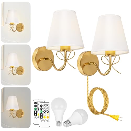 Image of Antique Brass Bow Wall Sconces, Gold Wall Light Set of 2 with Plug-in Cord or Hardwired 110V, Remote Control Dimmable LED Bulbs for Bedroom Living Room Home Mulit Color Temperature