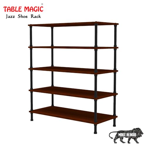 Image of TABLE MAGIC Jazz Slipper Stand Wooden | 5 Tier Organizer | Shoerack for Home Wooden | Steel Frame & Engineered Wood Shelves | Holds Up to 15 Pairs | Space-Saving Storage Rack | Mahogany Finish
