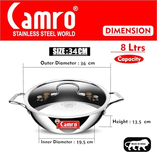 Image of Camro Triply Stainless Steel Kadhai 34 cm | 8 Liter Capacity | Induction Bottom Deep Cooking Kadai | Heavy Duty Cookware | Gas & Induction Compatible | Dishwasher Safe | Mirror Finish