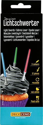 DECOCINO Lichtschwerter 12 Stk. - 10,5 cm - wiederverwendbare Muffin Topper in rot, blau und grün - ideal zum Dekorieren von Cupcakes, Kuchen oder Torten