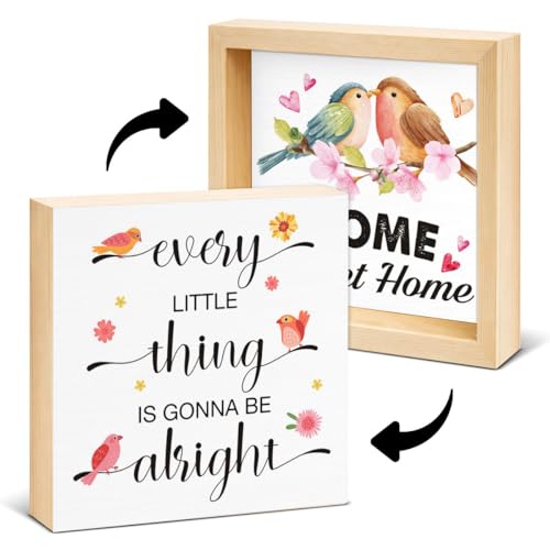 Hello Spring Decor Sign - Farmhouse Spring Decorations - Double-Sided Sweet Home Decoration for Desk Table Tiered Trays Mantel