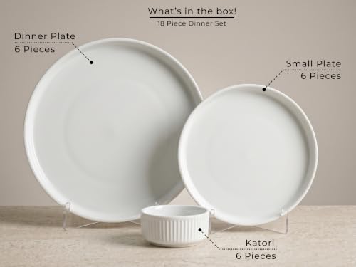 Image of Bodhi House 18 Piece Porcelain Dinner Set for 6, White Dinnerware Set with 6 Dinner Plates, 6 Quarter Plates & 6 Katori, Microwave & Dishwasher Safe, Chip Resistant Crockery Set for Home, Gift