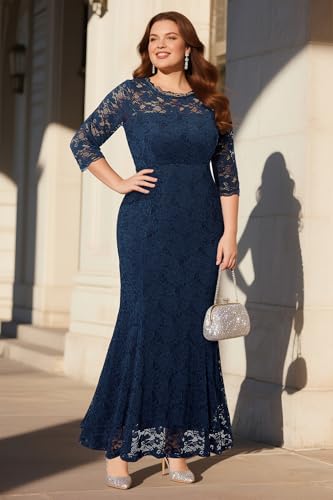 Image of Pinup Fashion Plus Size Formal Dress Women Wedding Lace Evening Gowns | Elegant lace mermaid evening gown, sheer 3 /4 sleeves, ideal for mother of the bride, prom, wedding guest