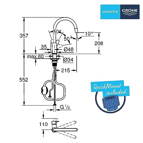 Image of GROHE Start Edge QuickFix - 1 Lever Kitchen Sink Mixer Tap with Pull-Out Function (High C-spout, 360 Swivel Area, 28 mm Ceramic Cartridge, Tails 1 /2 Inch, High Pressure), Size 357mm, Chrome, 30553000