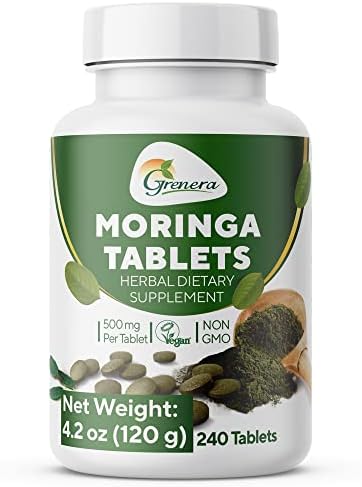 Grenera Moringa Uncoated 240 Tablets, No Chemical Coating, Green Superfood, Malunggay Herbal Supplement, Lab Tested for Purity