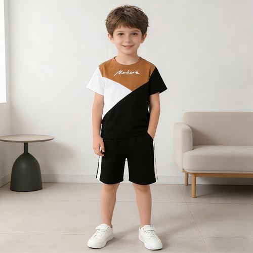 Image of Ayzozuy Boy Clothes Colorblock Top + Drawstring Waist Shorts 2 Pieces Kid Summer Outfits Set