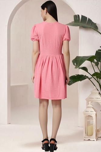 Image of POPWINGS Casual Self Crush Design Solid Knee Length Blouson Peplum Dress for Women || Stylish Summer Dress for Women || Knee-Length Dress for Women || V-Neck Dresses for Women